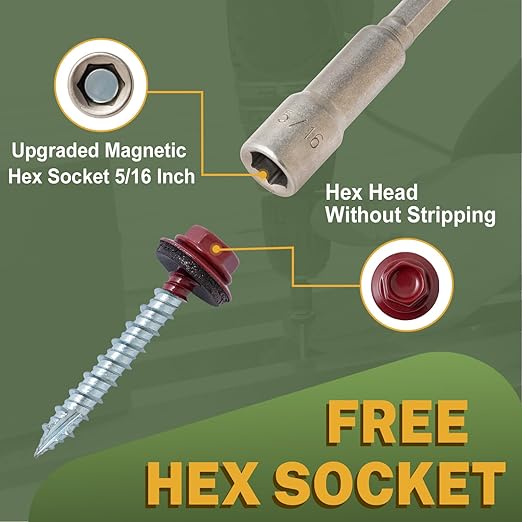 LIONMAX Metal Roofing Screws #10 × 3 Inch, 300-PCS, Dark Red Painted Hex Head Sheet Metal Roof Screws, Rubber Washer, Sharp Point, Metal to Wood Siding Screws, Hex Socket Included