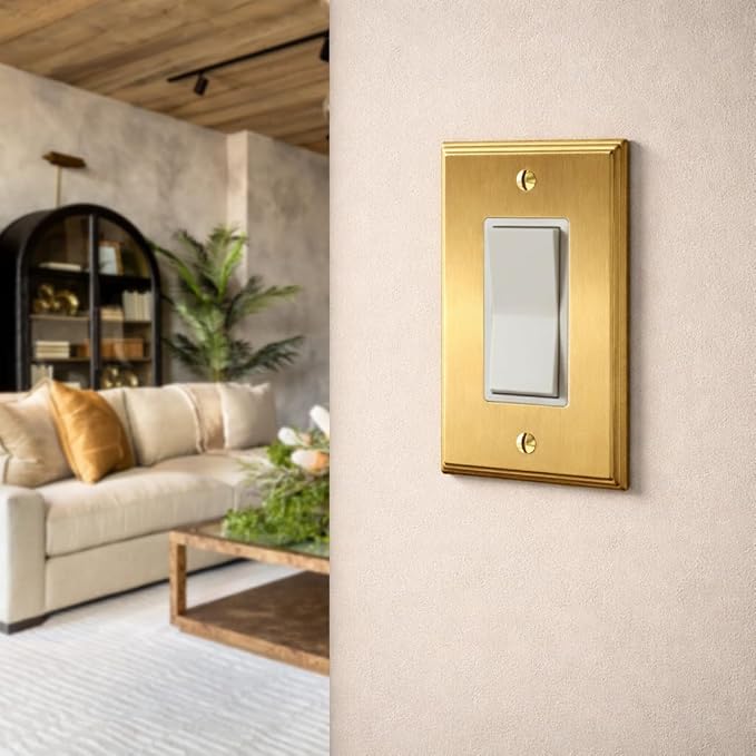 Rio Salto BRASS Brushed Gold Metal Rocker Decorator Outlet Covers Light Switch Cover – Deco Collection Decorative Brass Wall Plates 5-Pack Standard Size 2.75" X 4.50"