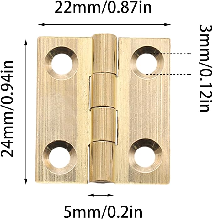 8 Pcs 22mmx24mm / 0.87" x 0.94" Gold Mini Hinges, 1 Inch Solid Brass Folding Butt Hinge, Cabinet Hinge for Jewelry Box, Drawer Cabinet Furniture