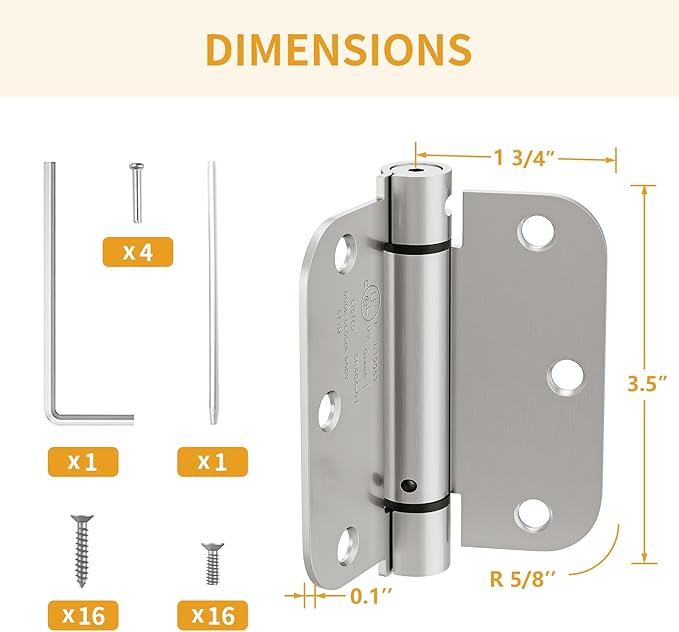 Luxbaro 2 Pack Self Closing Door Hinges 3.5 Inch, Spring Door Hinge with 5/8'' Radius Corners, Adjustable Tension for Garage, Front Door, Back Door, for Left and Right Hand Door, UL Listed