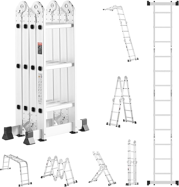 VEVOR Multi-Purpose Folding Ladder, 7-in-1 Tall Step Ladder, A Frame 3 Step Adjustable Telescoping Ladder, 12ft Reach Height Heavy Duty Extension Ladder, 330 lbs Capacity for Household Outdoor Work