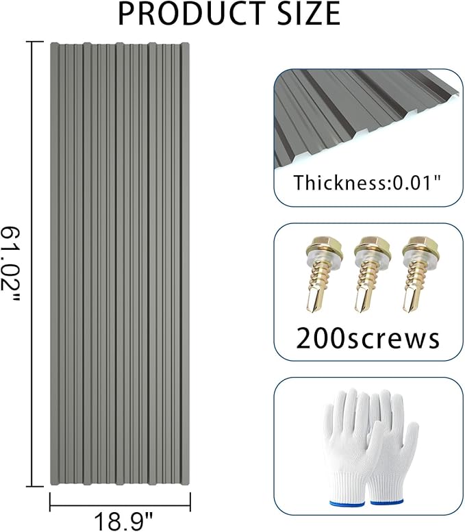20 PCS 160 sq.ft Metal Roofing Panels, 61.02 * 18.9in Corrugated Galvanized Roof Panels, Waterproof Siding Panels with 200 Pcs Screws for Garages, Sheds, Stables and Mobile Homes