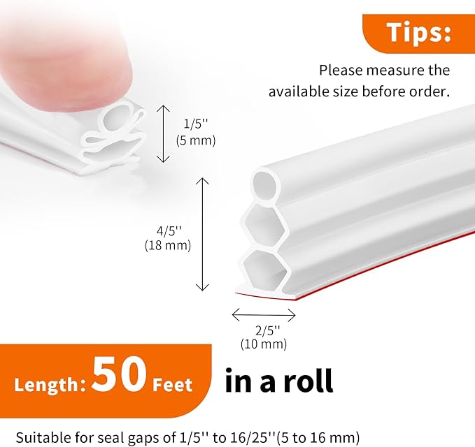 50 Feet Self-Adhesive Rubber Weather Stripping Fits Big Gaps, Extra Thick Rubber Door Weather Stripping Door Seal Strip for Door Frame Door Insulation Strip Waterproof(White)