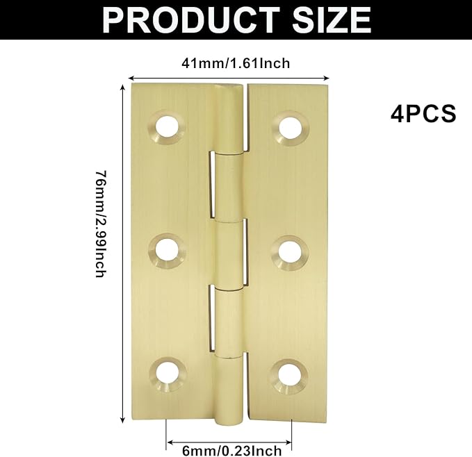 Murtenze 4 Pcs 3 Inch Mini Solid Brass Hinges，Brass Cabinet Hinges Small Box Hinges Butt Hinges for Cabinet, Drawer, Wood Box