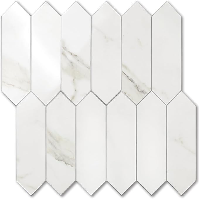 Vamos Tile 1 Sheet Glossy White Marble Backsplash Tile Peel and Stick, 12.8 x 12.8 Inch Long Hexagon PVC Self Adhesive Mosaic Wall Tiles Stick on Backsplash for Kitchen and Bathroom