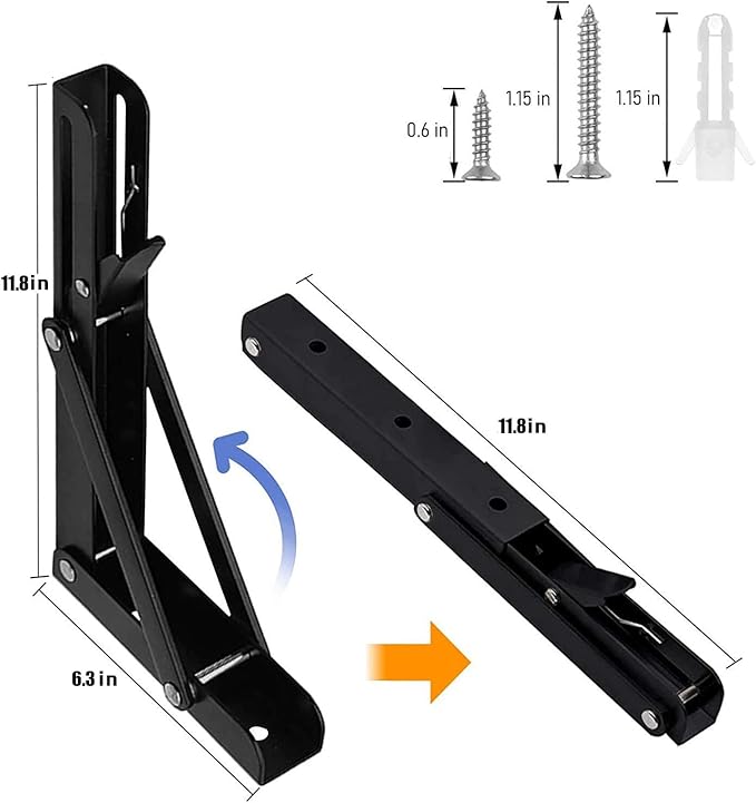Folding Shelf Brackets - 12 Inch 2 Pcs Heavy Duty Shelf Brackets, Collapsible Shelf Bracket, DIY Wall Mounted Foldable Shelf, Table Brackets, Space Saving with Screws