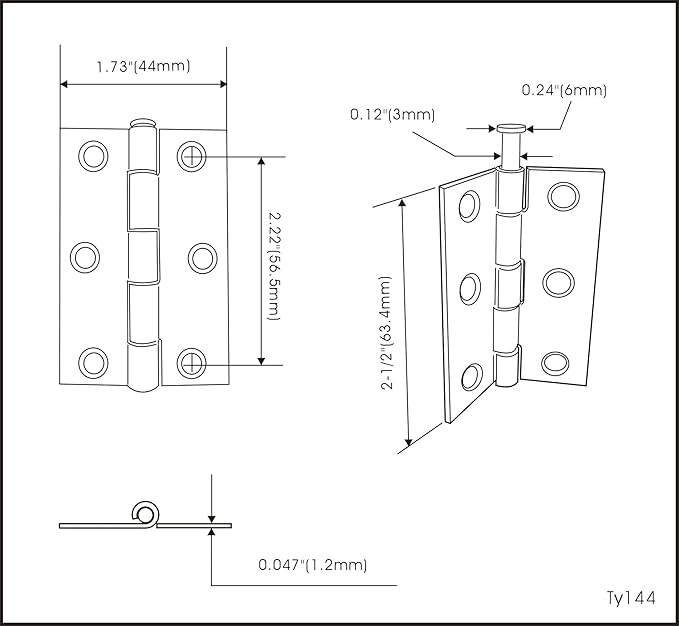 QCAA Narrow Butt Utility Hinge, Swaged, with Removable Loose Pin for Cabinet Door or Box Hinge, 2-1/2" x 1-3/4" x 1.4mm, Flat Black, 12 Pack, Made in Taiwan
