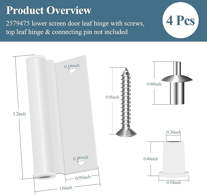 4 Pcs 2579475 Bottom/Lower Screen Door Leaf Hinge W/Screws Fit for Andersen 400 Series Frenchwood Hinged Patio Door, Lower Butt Hinge