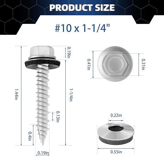 Metal Roofing Screws #10 × 1-1/4 Inch, 70-PCS, Hex Head Rustpert Coating Sheet Metal to Wood Siding Screw with EPDM Rubber Washer, Sharp Point, Hex Socket Included