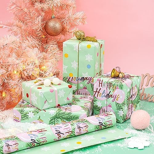 WRAPAHOLIC Reversible Christmas Wrapping Paper - Mini Roll - 17 Inch x 33 Feet - Happy Holiday Lettering with Christmas Ball Design for Holiday, Party Celebration