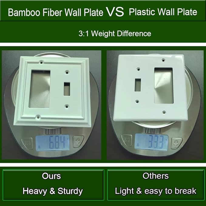 Wall Plates, Decorator/Toggle Switch Plate Combination, Outlet Covers,Bamboo Fiber Material Wall Plate, Standard Size Wall Plates of various styles, White (2 Gang Toggle/Decorator 2 Pack)