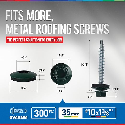 300Pcs #10 x 1-3/8" Green Metal Roofing Screws, Hex Colored Head Self-Drilling Metal to Wood Siding Fasteners, in Reusable Storage Case, Hex Driver Bit Included