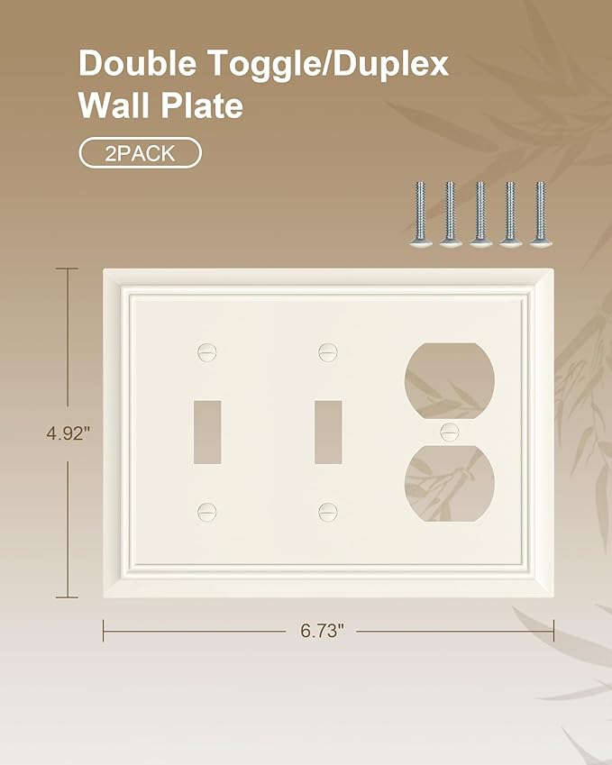 2-Pack Combo Double Toggle/Duplex Outlet Covers, Light Almond Switch Plates and Outlet Covers, Natural Bamboo Fiber Wall Plates for Electrical Outlets, 3 Gang Receptacle Cover, Corrosion Resistant
