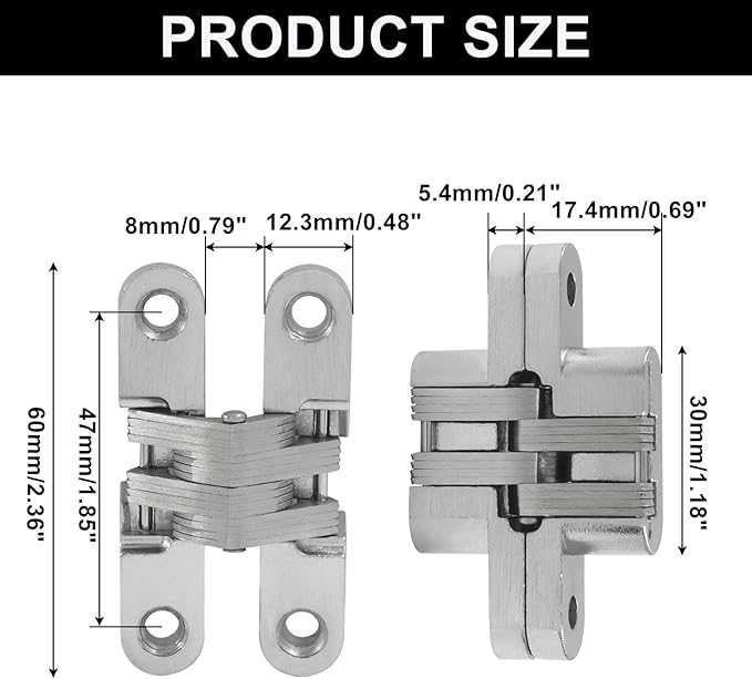 Murtenze 4 Pack Hidden Hinges, 2.36" Stainless Steel Cross Invisible Swing Hinges, 180 Degree Concealed Cross Hinge for Kitchen Cabinet Door