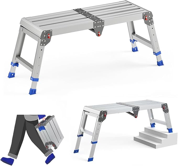 Loyoda Folding Work Platform for Adults, Aluminum Foldable Step Stool Adjustable Height, Lightweight and Durable Portable Outdoor Aluminum Step Ladder, Maximum Load Capacity of 500 Pounds.