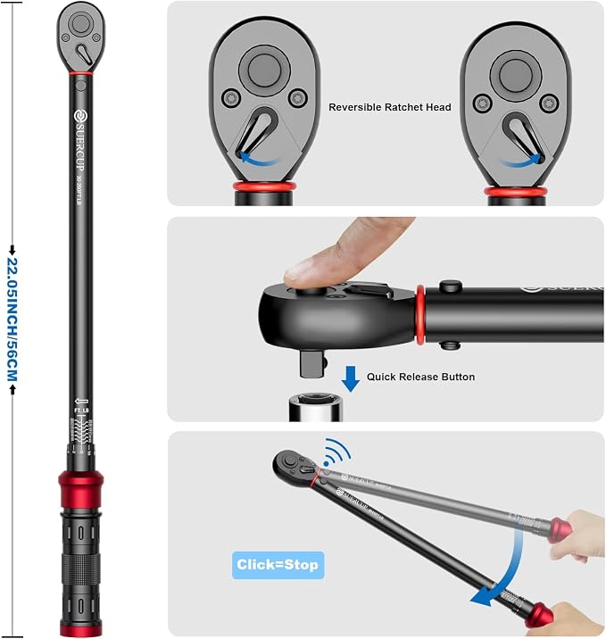 1/2" Drive Torque Wrench, 30-250 Ft.Lb, 100-Tooth, for Heavy Duty | 40.7-339Nm, Click Type, 3.6° Arc Swing, ±3% High Accuracy,for Truck/SUV Suspension, Control Arms, Lug Nuts & Auto DIY