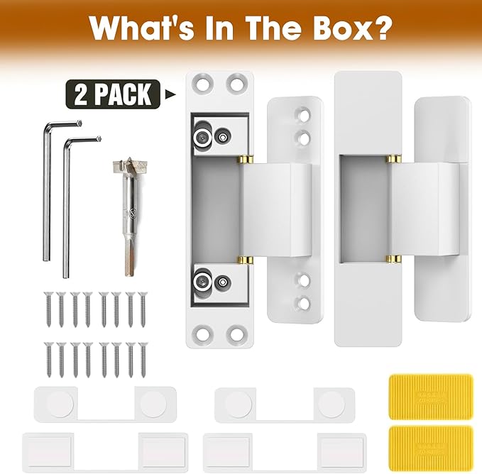4.5" Hidden Door Hinge/Concealed Hinges,Invisible Hinges,Invisible Door Silent Door Hinge 110 Degree Swing Hinge 2-Way Adjustable Butt Hinge 4.5 x 2 x 1 (2, White)