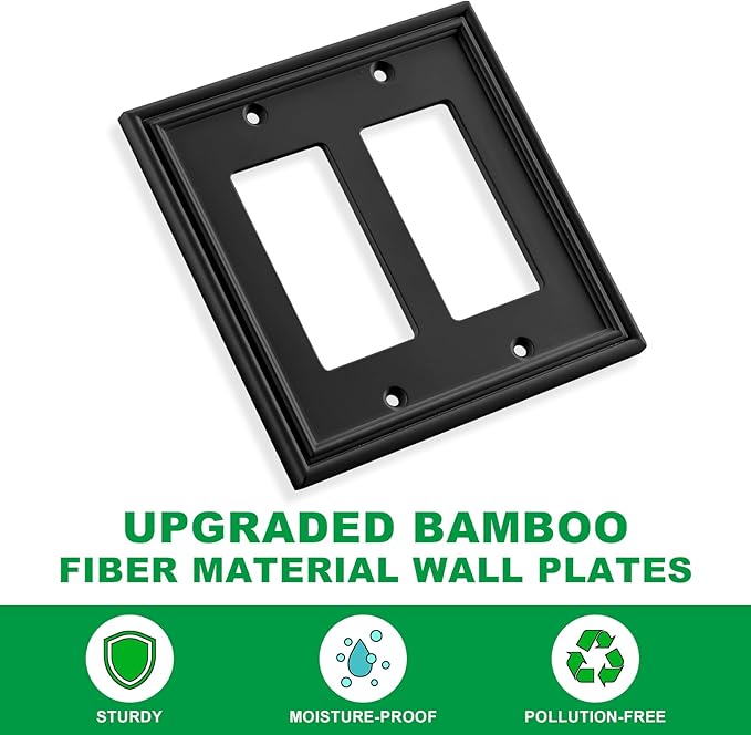 Black Modern Decorative Wall Plate Light Switch Cover Decorator Outlet Covers Rocker Switch Plates Bamboo Fiber Material Wall Plates for Kitchen Bathroom (2 Gang Double Decorator-2 Pack)