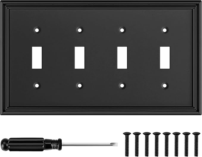 Black Modern Decorative Wall Plate Light Switch Cover Decorator Outlet Covers Rocker Switch Plates Bamboo Fiber Material Wall Plates for Kitchen Bathroom (4 Gang Quad Toggle-1 Pack)