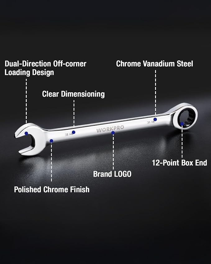 WORKPRO 3/4" Ratcheting Combination Wrench, Mirror Polish Chrome Plating (Pack of 2)