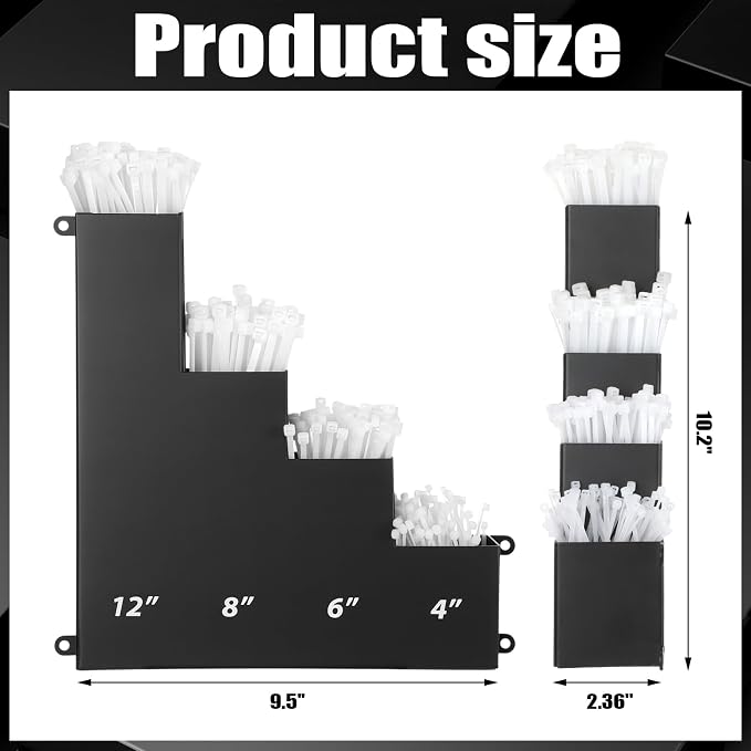 Cable Zip Tie Storage Holder Rack Metal Zip Tie Organizer Wall Mount Pockets with Screws for Workshop Shed Garage Home Ties, Ties and Tools Not Include (Black,10 x 9.5 Inch,4 Pockets)