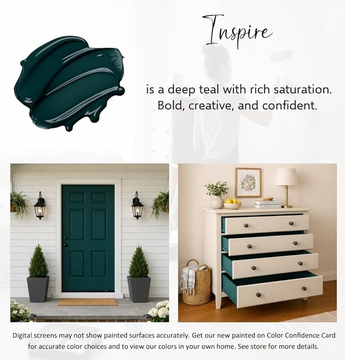 ALL-IN-ONE Paint by Heirloom Traditions, Inspire (Deep Teal), Gallon - Durable cabinet and furniture paint. Built in primer and top coat, no sanding needed. Includes our 30 featured color card.