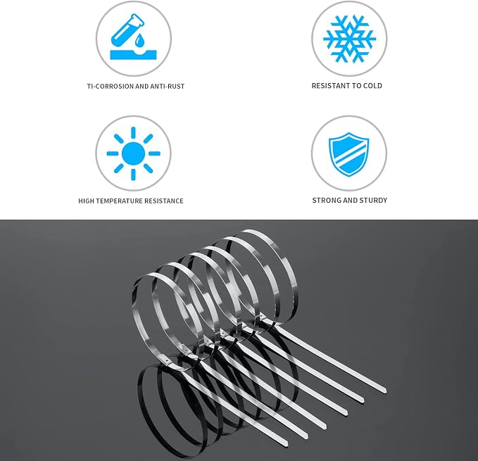 XINGO 8 inch Metal Zip Ties (600 Pack), 304 Stainless Steel Heavy Duty Zip Ties, 300lbs Tensile Strength, Multi-Purpose Self-locking Cable Ties for Exhaust Wrap, Outdoor and Canopy Etc