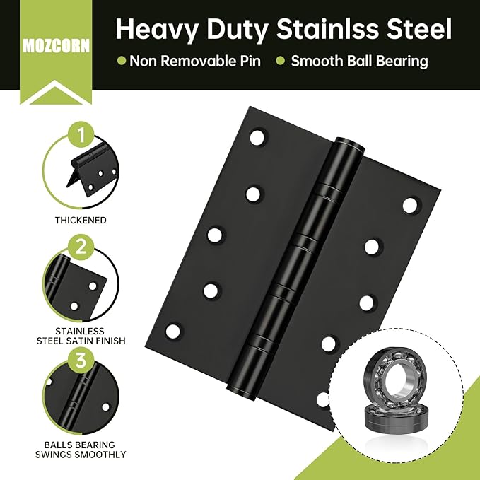 3-Pack Black Door Hinges, 5 Inch Heavy Duty Stainless Steel Hinge for Interior Exterior Doors, Max Loading 150LB, Matte Black Ball Bearing Hinges with Screws, Smooth and Quiet