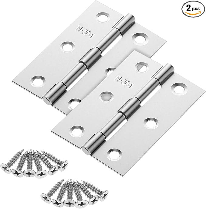 2 Pcs 3" Stainless Hinges,Stainless Steel Folding Butt Hinges Door Hinges with 12pcs Stainless Steel Screws Window and Door Hinges for Doors Wooden Boxes Windows (Silver)