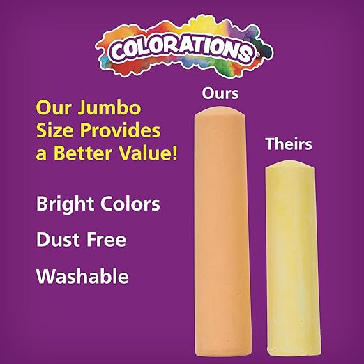 Colorations Jumbo Washable Chalk, Set of 126, Each Piece 4” x 1”, Bulk Outdoor Play Supplies, Non-Toxic, 4+, Classroom Must Haves, Party Favors