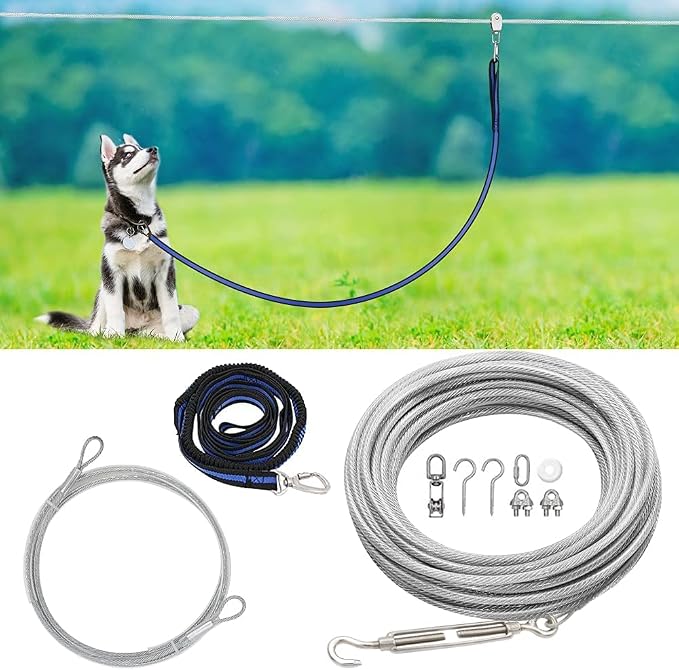 XiaZ Dog Tie Out Cable, 120ft Trolley Runner Cable for Dogs up to 250lbs, Dog Lead for Yard, Camping, Outdoor, with 8 Ft Nylon Bungee Runner, Cable Sling to Protect Trees