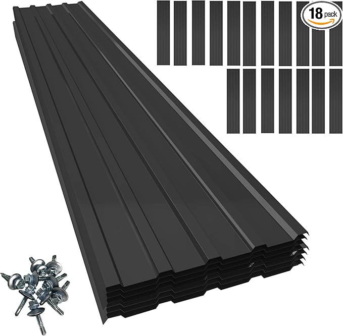 18 pcs Galvanized Steel Roof Panels,L42.52×W17.72 Inch Metal Roof Panels,Corrugated Tin Roofing Panels Roof Protector for Garages Black