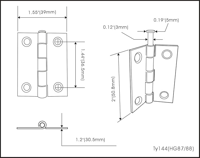 QCAA Narrow Butt Utility Hinge, Swaged, with Removable Loose Pin for Cabinet Door or Box Hinge, 2" x 1-1/2" x 1.4mm, Zinc Plated, 12 Pack, Made in Taiwan