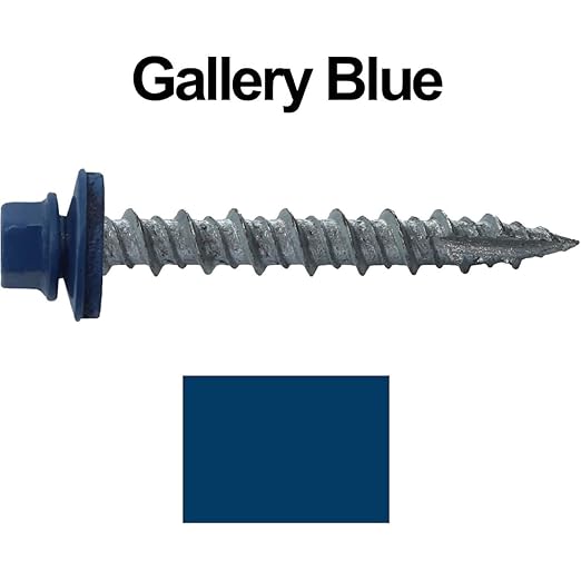 10 x 1-1/2" Gallery Blue Metal Roofing Screws - Hex Washer Head- Self-Starting/Tapping - EPDM Washer. 1 x 250 Count Bag - 250 Screws