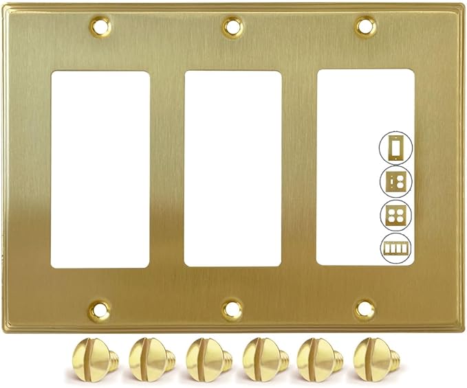 Rio Salto BRASS Rocker Light Switch Cover Plate 3 Gang Decorator Paddle GFCI Triple Switch Plate Brushed Gold Metal Outlet Covers Decorative Wall Plates — Deco Collection, Standard Size, 4.50" X 6.33"