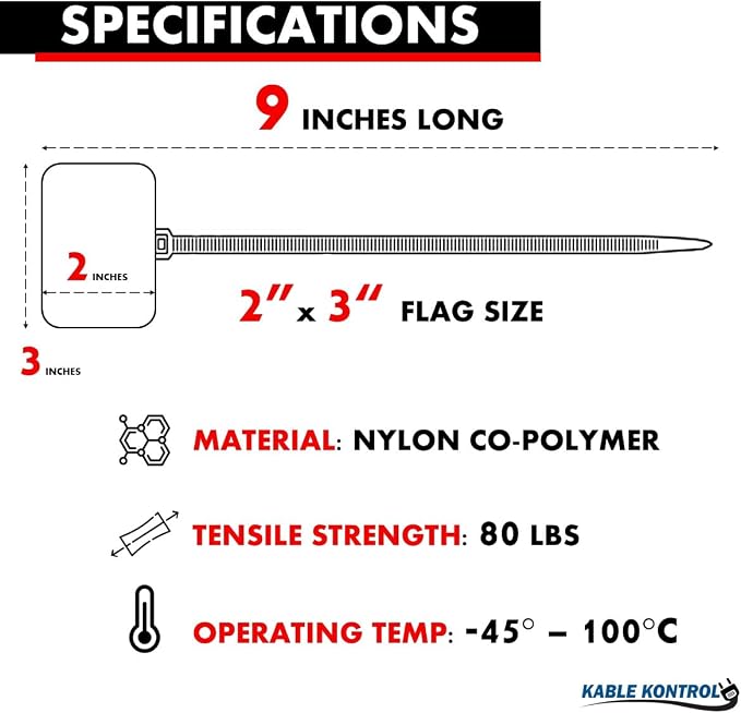 Kable Kontrol Cable Marker Identification Zip Ties 9 Inch 1000 Pcs – Red | Large ID Flag Label Straps, Self-Locking Write on Tags for Ethernet, Power, and Cord Labeling