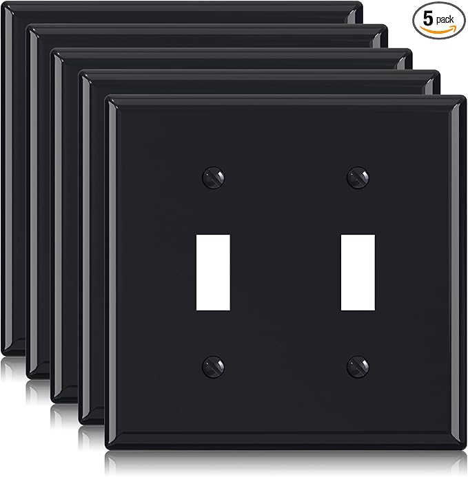 ELEGRP 2-Gang Toggle Switch Wall Plates, Standard Size 4.53" H x 4.57" L Unbreakable Thermoplastic Faceplate Cover for Toggle Dimmer Light Switches, UL Listed (5 Pack, Glossy Black)