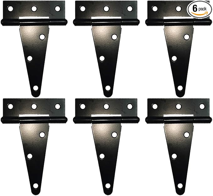 HLMOptimo Heavy Duty T Hinge Tee T Strap Shed Gate Barn Fence Door Hinge Wrought Rustproof Black (6 pcs, 4 inch)