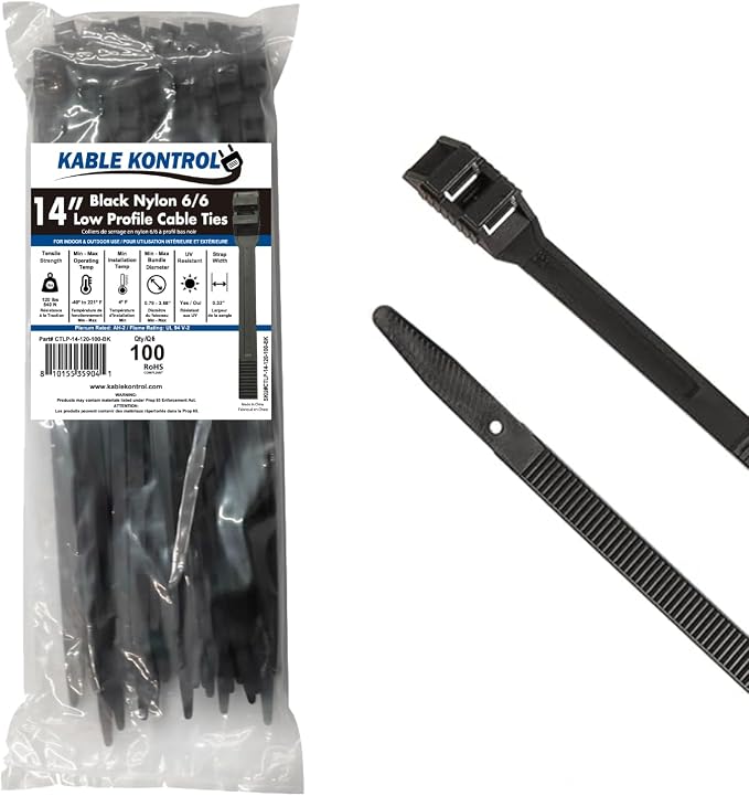 Kable Kontrol Low-Profile Cable Ties 14 Inch 100 Pcs, 120 Lbs Test - Black | Double Locking Cable Ties UL Listed Inline Zip Ties - Chemical, UV & Abrasion Resistant Ties for Automotive & Medical Use