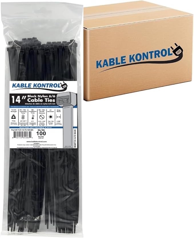 Kable Kontrol Cable Zip Ties, 14 Inch, 5000 Pcs, 75lbs Test, Black | Nylon Plastic, UV-Resistant, Self Locking, UL Listed, Indoor & Outdoor Use