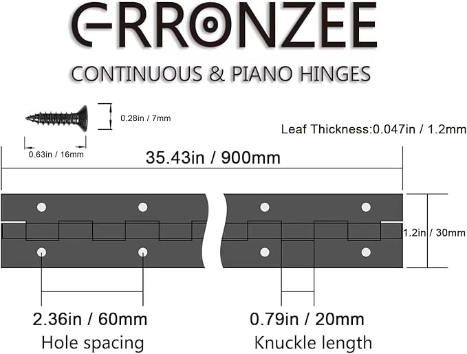 Heavy Duty Piano Hinge 36 Inch Long x 1.2 Inch Open Width Stainless Steel Black Continuous Hinge for Cabinet, Door, DIY Wood Boxes, 0.047" Leaf Thickness