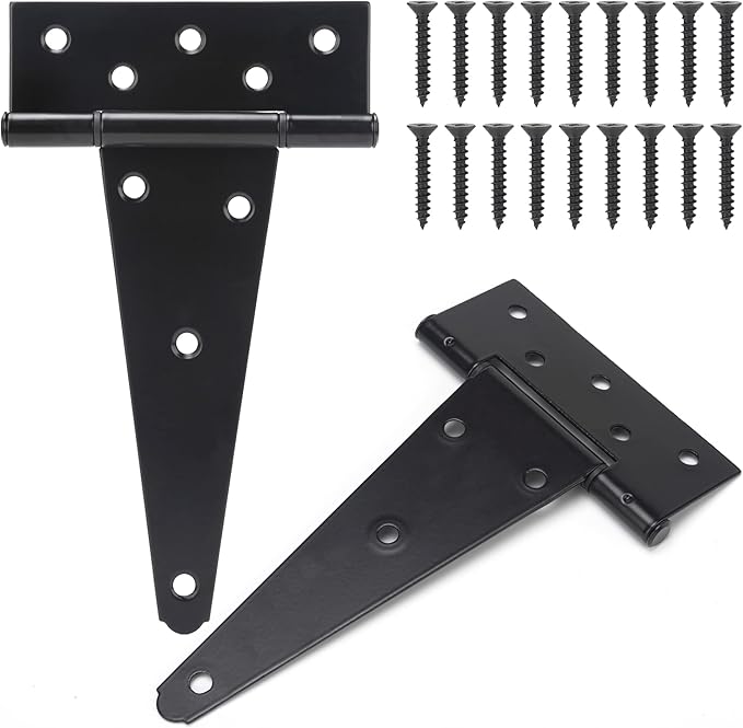 8 Inch T-Strap Shed Door Hinges Heavy Duty, Black Tee Hinge for Wooden Fences, Yard Door, Barn Door Gates, Wrought Hardware Rustproof, 2PCS