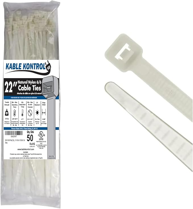 Kable Kontrol Cable Zip Ties, 22 Inch 50 Pcs, HD 250lbs Test, Natural White | Nylon Plastic, Self Locking, UL Listed, Indoor Use