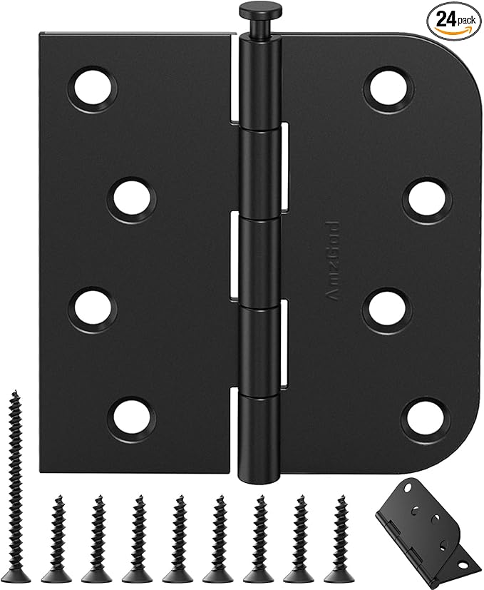 24 Pack Matte Black Door Hinges 4 Inch, Heavy Duty Exterior Hinges with Square & 5/8" Radius Corners, Removable Pin Design for Quiet Residential Front & Back Doors