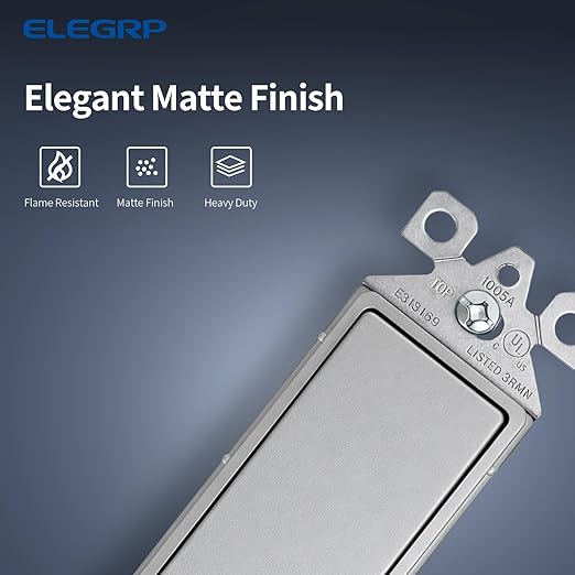 ELEGRP Matte Gray 3 Way Decorator Light Switch, 15A 120-277V, Paddle Rocker Switch Replacement, On/Off Wall Switch, Self-Grounding, Residential Grade, UL/CUL, 10 Pack