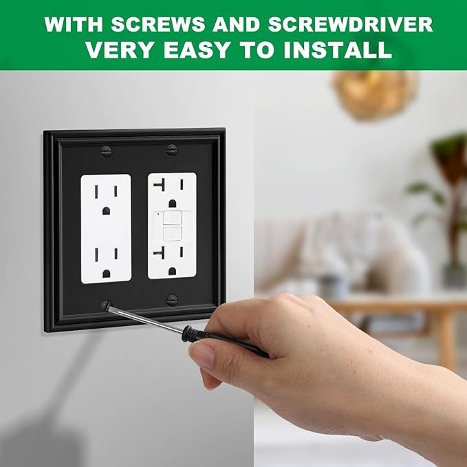 Black Modern Decorative Wall Plate Light Switch Cover Decorator Outlet Covers Rocker Switch Plates Bamboo Fiber Material Wall Plates for Kitchen Bathroom (2 Gang Double Decorator-2 Pack)