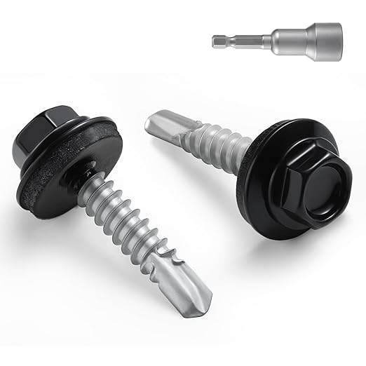 #10 x 1 in Self-Drilling Metal Roofing Screws,Sheet Metal Roof Screw,EPDM Washer,Black Hex Head,with Hex Driver Bit(2LBs,199Pcs)