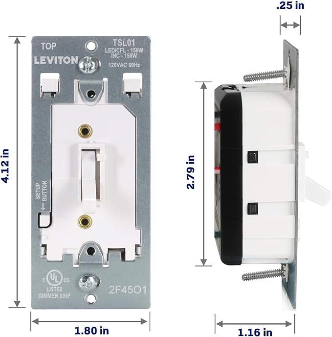 Leviton Toggle Slide LED Advanced Dimmer Switch for 150W Dimmable LED, Halogen and Incandescent Bulbs and Fixtures, TSL01-W, White