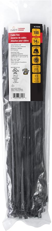 Gardner Bender 46-315UVB DoubleLock Cable Tie, 14 inch, 75 lb, Electrical Wire and Cord Management, Nylon Zip Tie, 100 Pk, Black