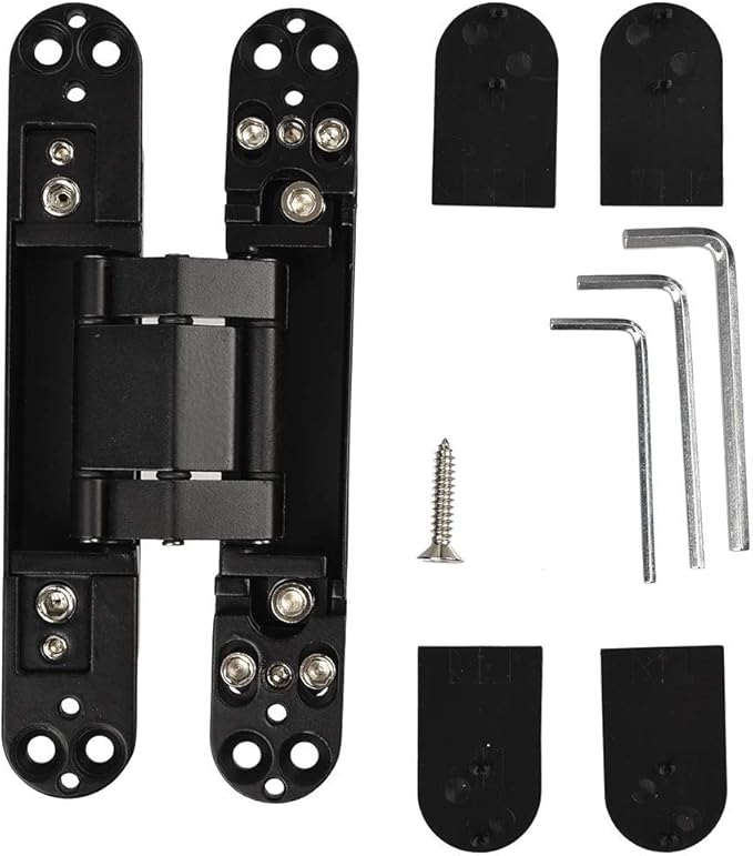TamBee Hidden Hinges Concealed Door Hinge - Black, Zinc Alloy, Invisible, 3 Way Adjustable for Hidden Door, Bookcase Door and Secret Doors 6 Inch (1 Hinge)